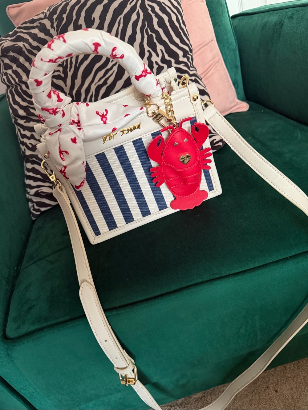 Betsey Johnson White & Navy Stripe Women’s Top-Handle Bag with Red Lobster Charm